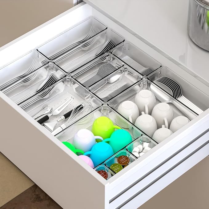 Yieach 25 Pc Clear Plastic Drawer Organizer Set,4 Sizes In Drawer Organizer Trays for Bathroom,Office,Kitchen Cabinet and Vanity Organizers,Desk Drawers Organizer Bin for Jewelry,Cosmetic,Utensil,Junk