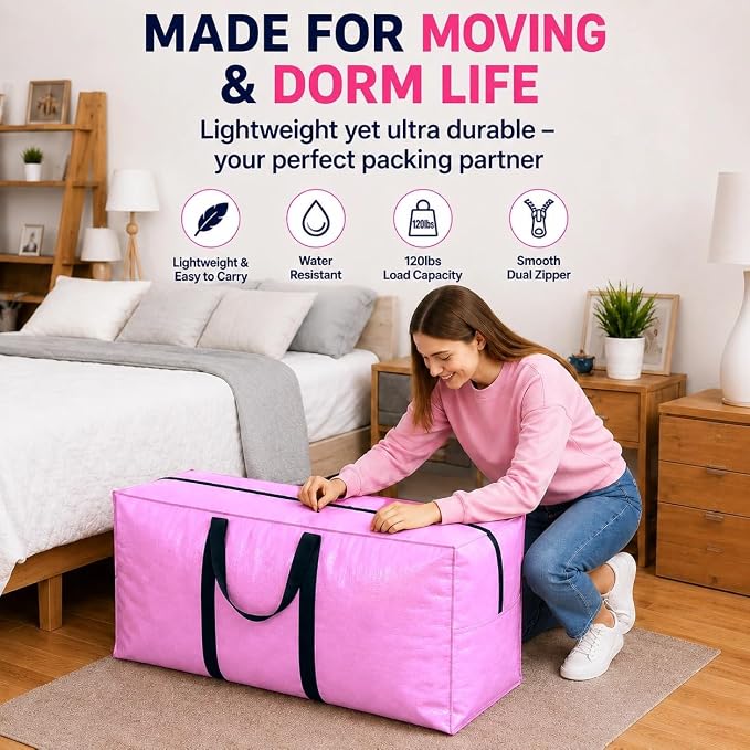 Extra Large Storage Bags, Jumbo Moving Tent Storage Bags, Foldable Big Pink XXL Duffle Bag for Travel,Christmas Tree Bag, 42x23x13.5inch - 2PACK