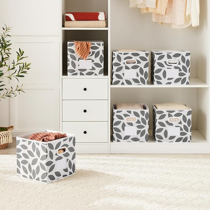 MAX Houser Fabric Storage Bins Cubes Baskets Containers with Dual Plastic Handles for Home Closet Bedroom Drawers Organizers, Flodable,Grey, Set of 6
