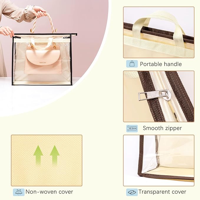 8 Pack Handbag Dust Bags Clear Purse Storage Organizer for Closet, Hanging Zipper Storage Bag for Handbags