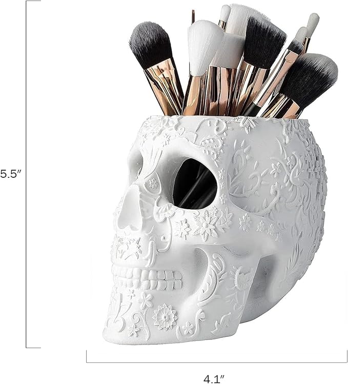 Skull Makeup Brush, Candy Bowl & Pen Holder, Bowl, Spooky Goth Decorations, Extra Large, Strong Resin, Skeleton Skulls and Bones Organizer Bathroom Trick Or Treat Decor by Gute (White)