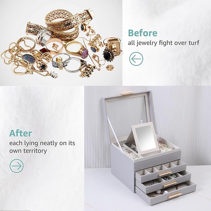 BOOVO Clear Lid Jewelry Box,3 Layers Jewelry Organizer Large Jewelry Storage Box with 2 Drawers,Jewelry Holder Organzier of Rings Earrings Necklace Bracelets for Women (Grey, 4 Layer)