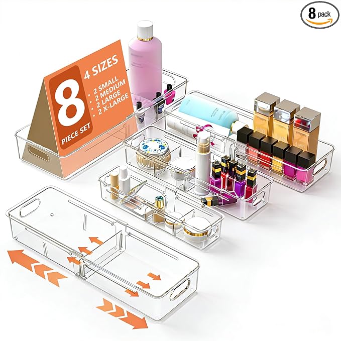 REBECAT 8 Pcs Expandable Clear Drawer Organizers, Adjustable Drawer Organizer Bins with Dividers, makeup organizer for drawer, drawer organizer bathroom for Vanity, Junk Drawer & Office