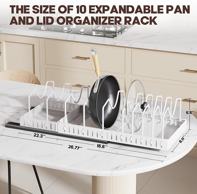 Pull Out Pots and Pans Organizer Under Cabinet, Expandable Sliding Lid Holder and Pan Rack for Kitchen, Slide Out Inside Cabinet for Pot Lid, Bakeware, Dishes, 10 Adjustable Dividers, 1 Pack White