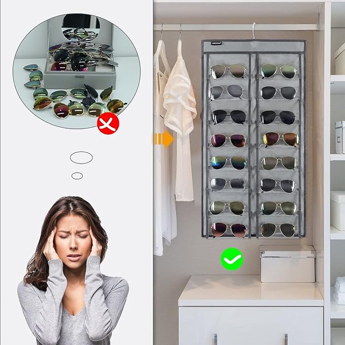 Dual Sided Hanging Sunglasses Organizer Wall Eyeglass Holder Sunglass Rack for Home with 32 Dust Proof Pockets (32 Pockets-Grey)