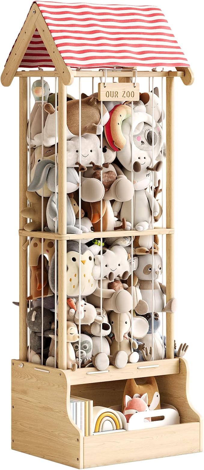 Stuffed Animal Storage, Wooden Stuffed Animal Zoo with Toy Box and Triangular Ceilings, Vertical Stuffed Animal Holder with Thicker Elastic Band, Plushies Storage for Playroom, Nursery, Bedroom