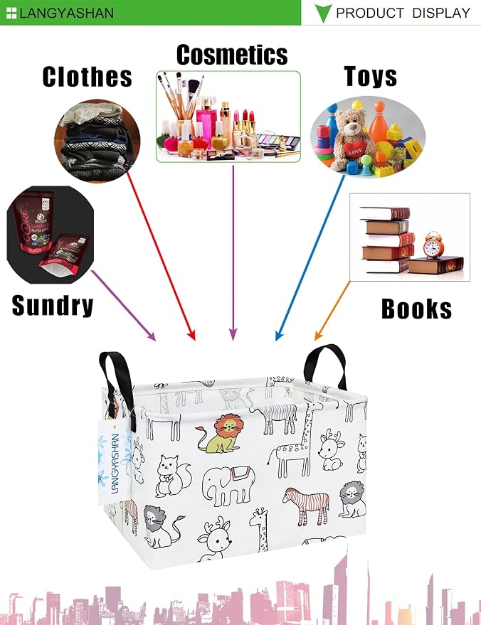 Rectangular Collapsible Simplified Zoo Storage Basket Nursery Organizer | Storage Bin Foldable Canvas with Handles for Organizing Home Kitchen Children Toys Office Closet Shelf Baskets