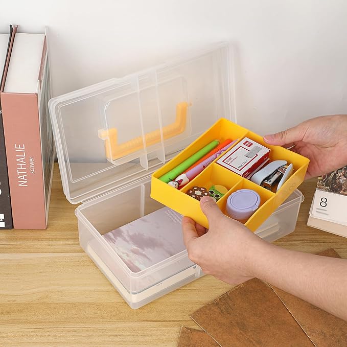 JUXYES Clear Art Craft Supply Storage Bin Sewing Box With Handle Lid | Plastic Carry Storage Box with Removable Tray, 2 Layers Portable Storage Case for Art Craft, Sewing, School Office Supplies