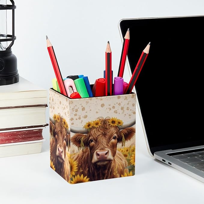 Pen Holder for Desk, Highland Cow Sunflowers Pencil Holder, Pen Cup Functional Desk Organizer for Office Supplies