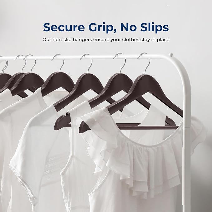 SereneLife Wooden Hangers 10 Pack, Non-Slip, Sturdy, Heavy Duty Suit Hanger Set with 360° Chrome Swivel Hook, Space-Saving Wood Hangers Closet Organizer for Clothes, Coat, Pants, Dress (Brown)