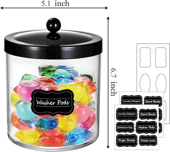 Amolliar 50 Oz Apothecary Jar - Clear Container with Stainless Steel Lid, Plastic Jar for Laundry Room Organization & Pods Storage, Bathroom Vanity Organizer, Kitchen Countertop Cantainer (Black)