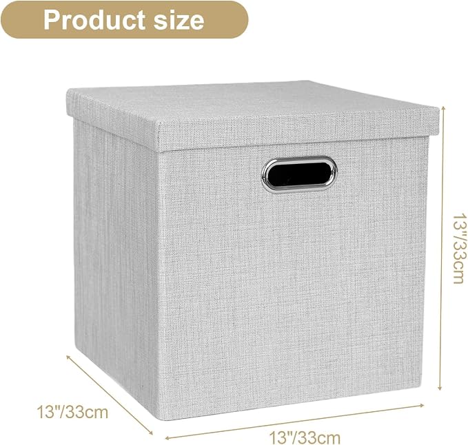 Posprica Storage Bins with Lids,13×13×13 Foldable Storage Cube Baskets Boxes Fabric Drawers for Closet Shelf Cabinet Bookcase,Set o f 4,Sliver grey