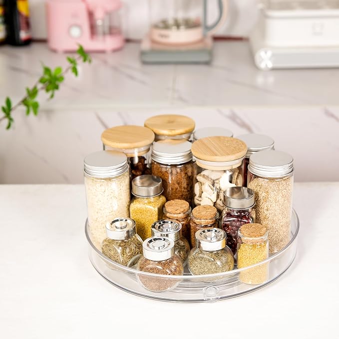 4 Pack Lazy Susan 9.2" Inch Turntable Organizer Pantry Organization and Storage Container Bins Spice Rack Cabinet Rotating Condiment for Pantry Kitchen Vanity Bathroom Jewelry Holder Clear
