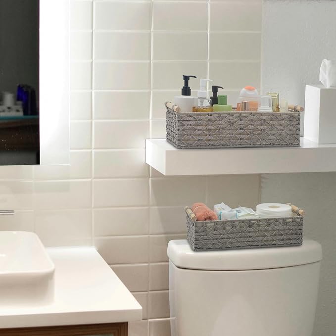 Toilet Paper Baskets for Organizing[2 pack],Paper Rope Wicker Storage Basket with Handle, Bathroom Basket for Bedroom, Nursery, Living Room.(grey)