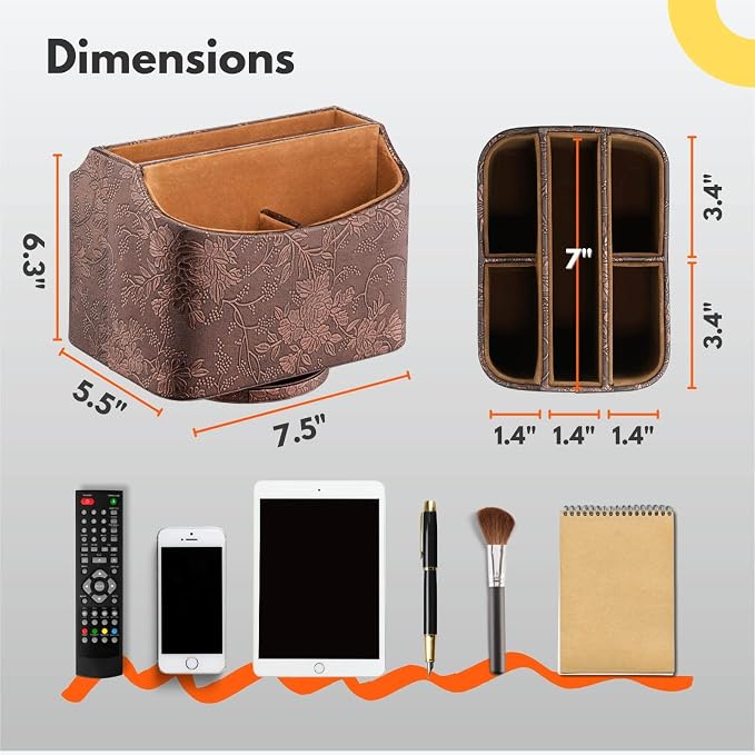 LAMOTI Leather 360 Spinning TV Remote Caddy - 5-Compartment Desk Organizer for Universal Remotes, Phones, Tablets, Pens, Eyeglasses & More (Antique)