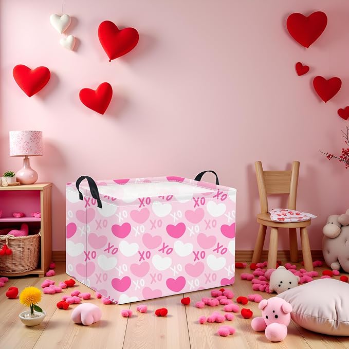 Rectangular Valentines Basket for Home Kitchen Girls Cute Kids Storage Bin Organizer Shelf Book Room Decor(XO Heart)