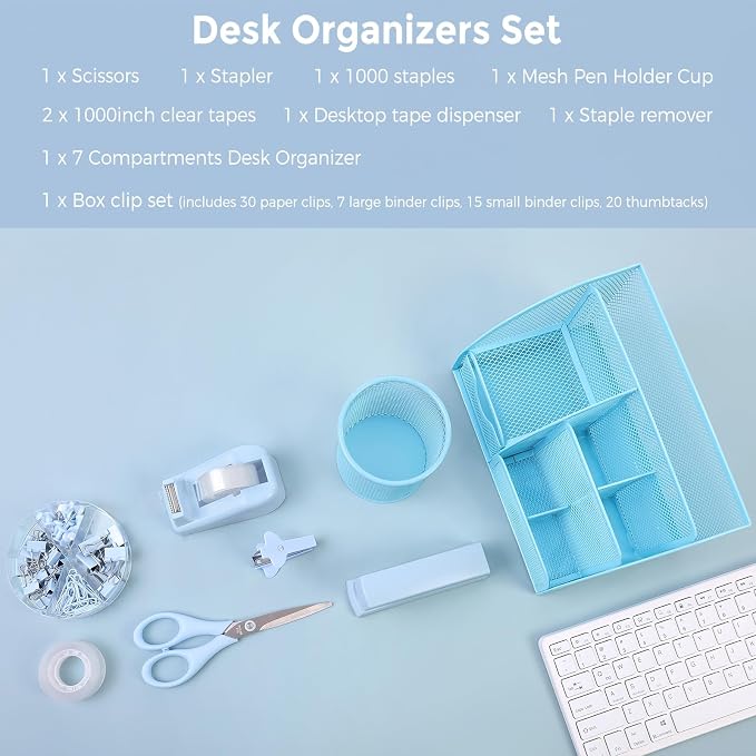 SKYDUE Blue Office Supplies Set, Office Desk Accessories, Mesh Desk Organizer, Stapler, Tape Dispenser, Scissors, Binder/Paper Clips and 1000pcs Staples, Office Supplies for Teacher, Gifts