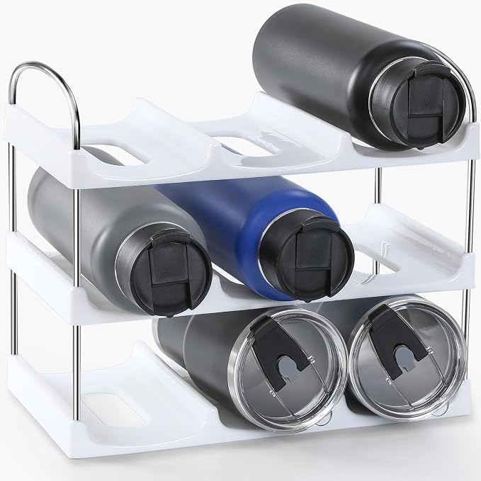 LANDNEOO Stackable Water Bottle Organizer Holder - for Stanley & Others' Large Tumbler Organization - White Plastic Wine Rack, Bottle Holder for Home Countertop Fridge Pantry Shelf, 3 Tier Hold 9