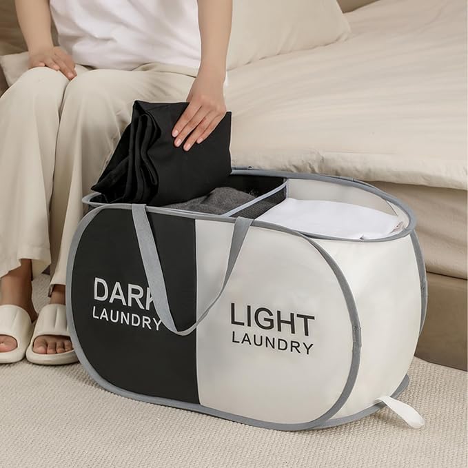 Collapsible Laundry Basket Durable Pop Up Hamper with 2 Compartments for Sort and Storage, Portable Dirty Clothes Hamper for Dorm, Laundry Room or Travel (Black + Begie)
