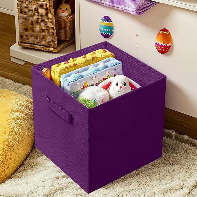 PowerKing Collapsible Storage Cubes with Handles, Fabric Foldable Bins for Closet Shelves, Durable Organization Storage Bins, 10.5'' x 11'' x 10.5'', 6 Pack, Dark Purple