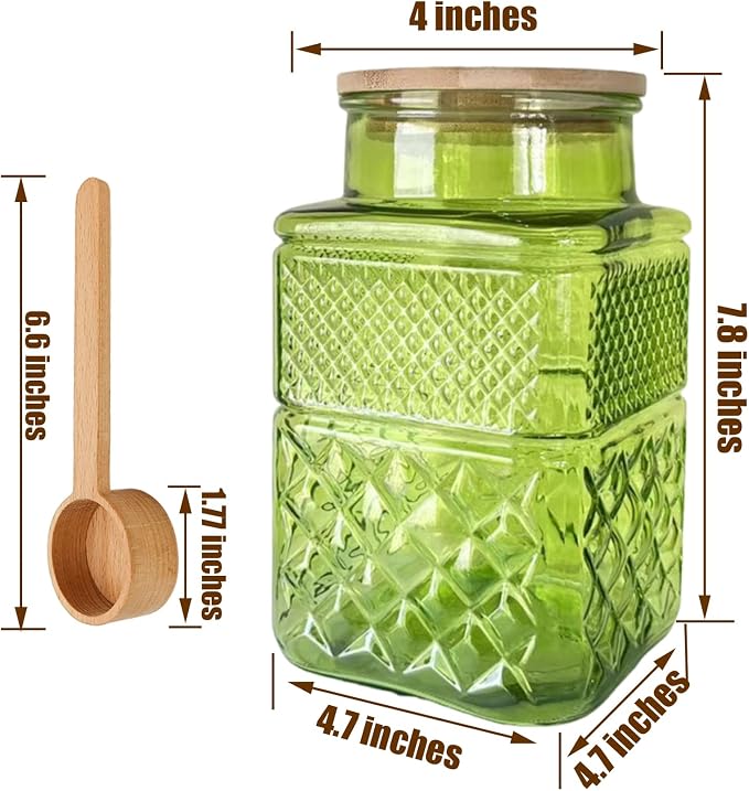 Coriario 60oz Vintage Glass Jar with Airtight Lid and Wood Spoon Green Square Decorative Glass Storage Jars Canisters for Kitchen Counter Flour Sugar Cookie Coffee Tea
