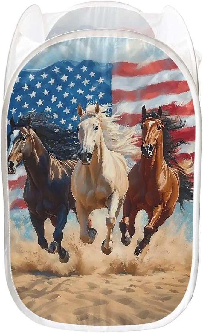 AFPANQZ Mesh Popup Laundry Hampers Foldable Portable Dirty Clothes Basket Organizer American Flag Horse Collapsible Hamper for Bedroom, Kids Room, College Dorm and Travel Tan Brown 61L