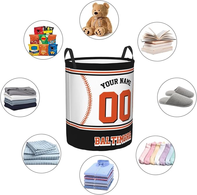 Custom Baltimore Laundry Hamper Personalized Laundry Basket Customized Name And Number Collapsible Storage Basket for Bedroom Bathroom Living Room Baseball Fan Gifts