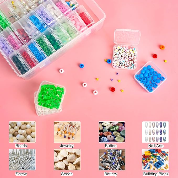 Bead Organizer, 90Pcs Small Clear Plastic Bead Storage Containers with Label, 3 Large Craft Storage Cases with Hinged Lid, Storage Box for Jewelry Making Diamond Art DIY Bracelet Seed Screw Mini Parts