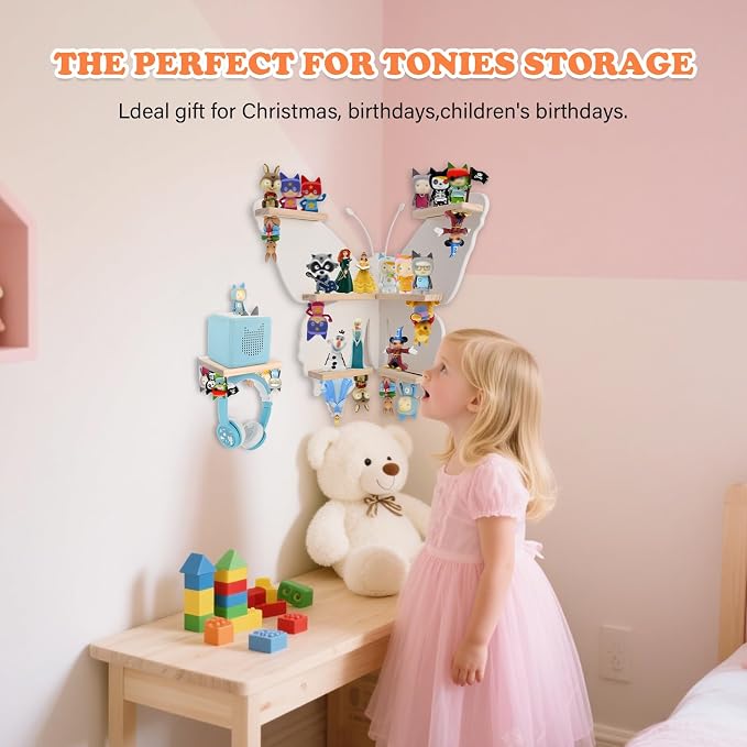 90°Butterfly for Tonies Box 1/2 Tonies Figures Organizer Storage Shelf Corner Wall Mounted, Magnetic Display Collection 30~40 Characters Floating Shelves Storage Player, Earphones