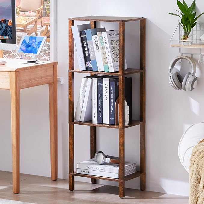 YUFAM 4 Tier Tall Wooden Bookshelf with Storage - Small Bookcase for Small Spaces, Shelf for Living Room, Office, Bedroom, Kitchen - Industrial Retro Brown Book Shelf