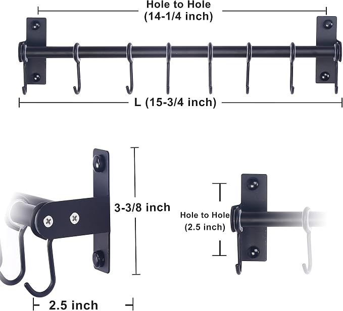 Dseap Pot Rack - Pots and Pans Hanging Rack Rail with 8 Hooks, Double Bars, Pot Hangers for Kitchen, Wall Mounted, Black, Pack of 2