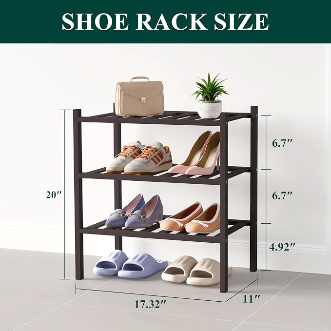 Smiry Bamboo Shoe Rack for Closet, 3 Tier Small Wooden Shoe Organizer, Stackable Wood Shoe Storage Shelf for Entryway, 14 Vertical Slats, One-piece Heavy-Duty Legs, 17.32"x11.02"x18.31", Brown