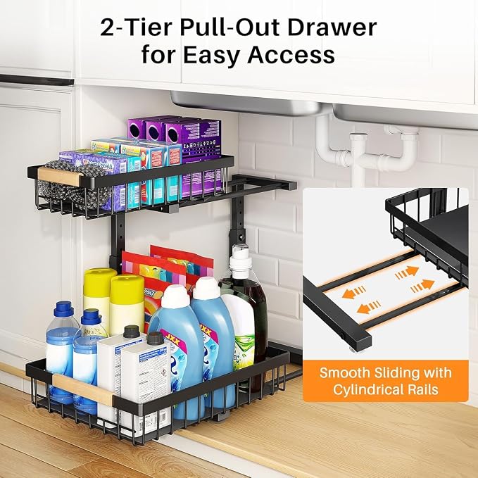 PXRACK Under Sink Organizer, Adjustable Height, 2 Tier Pull Out Under Cabinet Organizer, Slide Out Thickened Metal Under Sink Storage for Kitchen Bathroom Laundry Pantry Cabinet, Black, Small-1-Pack