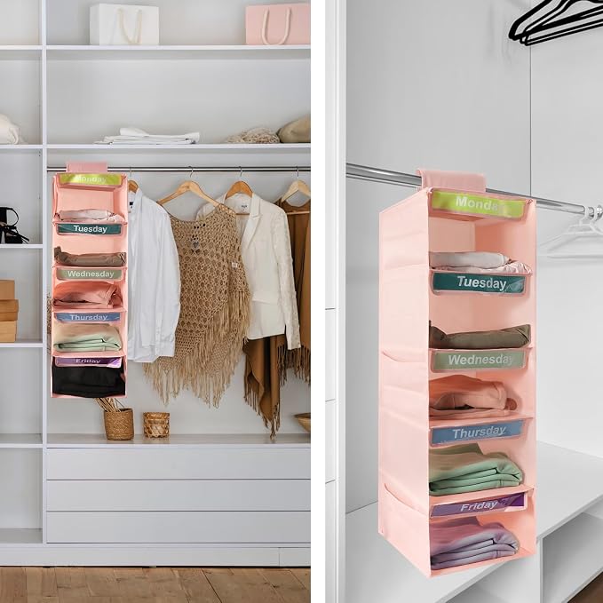 5 Shelf Days of The Week Clothes Organizer for Kids Weekly Outfits(Pink) | Weekly Clothes Organizer Monday Through Friday, Daily Hanging Closet Storage Shelves with 6 Side Pockets for Dorm Room