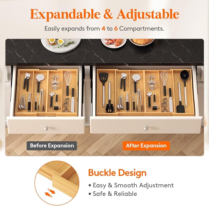Lifewit Utensil Drawer Organizer, Expandable Kitchen Tool Tray, Wood Adjustable Flatware and Spatula Storage Divider, 17.8-28.3 x 17 x1.8