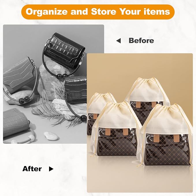 12 PCS Dust Bags for Handbags,Dustproof Drawstring Bags in 4 Size,Breathable Non Woven Fabric Purse Dust Bag,Storage Bags for Handbags Shoes Purses,Beige