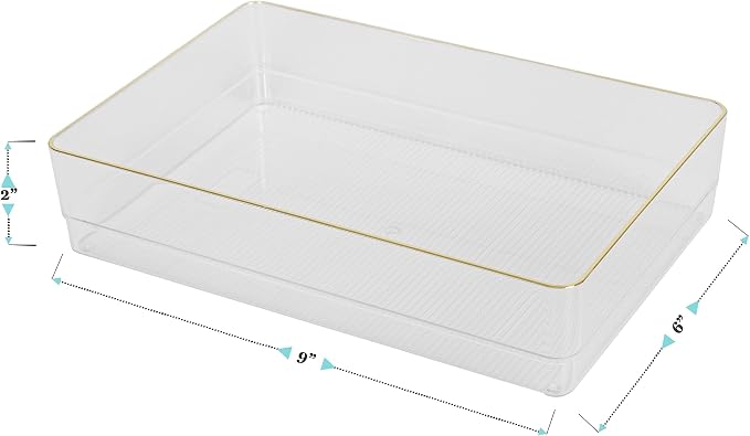 Martha Stewart Kerry Plastic Stackable Office Desk Drawer Organizers, 9" x 6", 3 Pack, with Gold Trim