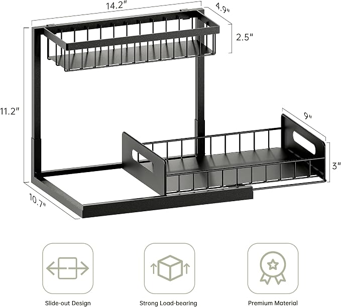 Under Sink Organizer and Storage, Slide Out Cabinet Organizer, Pull Out Sink Shelf for Kitchen Bathroom Laundry, 2 Pack Black