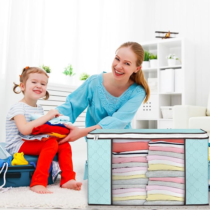 90L Large Storage Bags, 8 Pack Clothes Storage Bins Closet Organizers | Foldable Storage Containers, with Reinforced Handle, for Clothing, Blanket, Comforters, Bed Sheets, Pillows and Toys,Blue