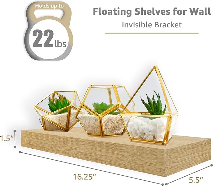 Sorbus Floating Shelves for Wall – 16 Inch Floating Shelf for Kitchen, Bedroom, Living Room, Bathroom, Home & Wall Decor - Mounted Bathroom Shelves with Invisible Brackets (Maple Wood, 4 Pack)