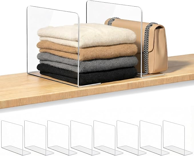 OKPOW Shelf Dividers for Closet Organization – Keep Sweaters & Purses Upright, Clear Acrylic Separators for Most Wood Shelves & Pantry, Damage-Free, Sturdy & Tall (10" x 12", 8 Pack)