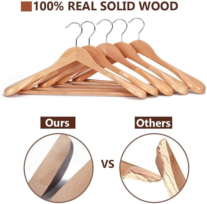 JS HANGER Wooden Suit Hangers, 6 Pack Extra-Wide Shoulder wood Coat Hangers with Non Slip Pant Bar, Extra Smooth and Splinter Free Natural Finish