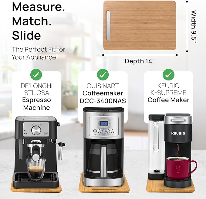 Ibyx Elegant Appliance Slider - Sliding Tray for Coffee Maker & Heavy Kitchen Appliances, Easy Slide, Made of Premium Bamboo, Space-Saving Kitchen Organizer, 40 lb Capacity, Natural - 9.5 x 14 Inch