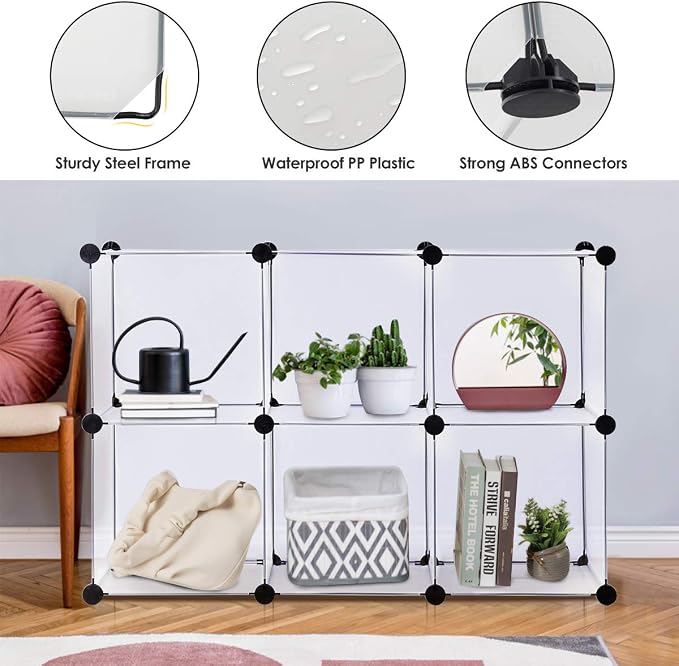 Tangkula 6 Cubes Storage Organizer, DIY Plastic PP Closet Cabinet w/Rustproof Steel Frame, Portable DIY Modular Storage System w/Hammer for Toys, Books, Shoes Indoor Use