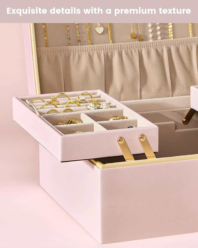Lolalet Jewelry Box Organizer for Women Girls, 2 Layer Jewelry Organizers and Storage for Necklace Earrings Rings Bracelets, Large Jewellery Holder Case Birthday Gifts -Pink