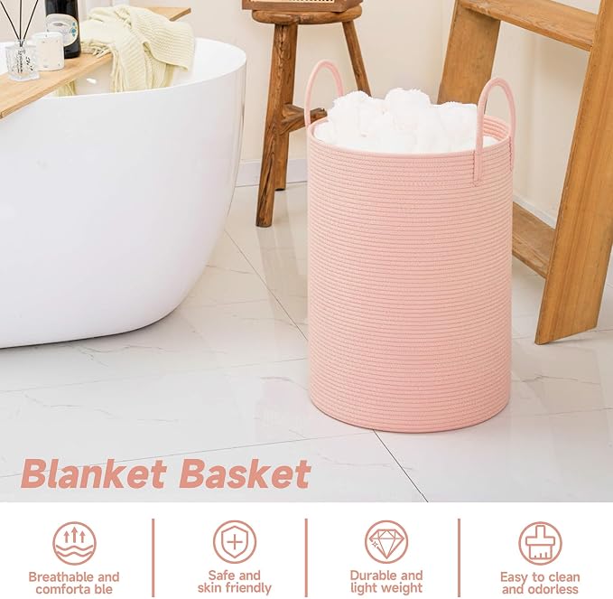 CLHMILY&Z Laundry Hamper Round Storage Rope Basket in Living Room, Bedroom, Laundry Room for Toy, Clothes, Blanket, Pillow (Pink, 80L)