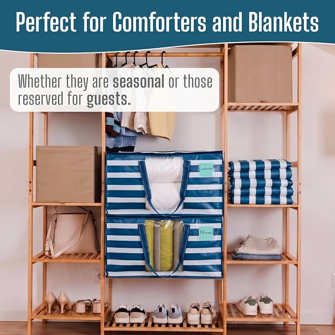 VENO 10 Pack Heavy Duty Moving Bags, Clothes and Comforter Storage Bags with Clear Window, College Dorm Essentials Packing Supplies, Foldable Boxes Alternative (Classic Navy Stripe, 10 Pack)