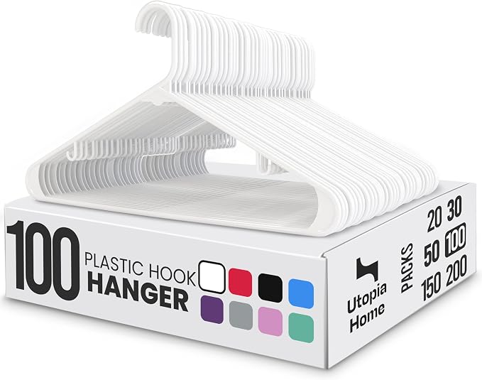 Utopia Home Plastic Hangers 100 Pack – Built-in Strap Hooks White | Space saving | Durable & strong | Closet organizer | Clothes hangers | Ideal for shirts, pants, skirts & coats