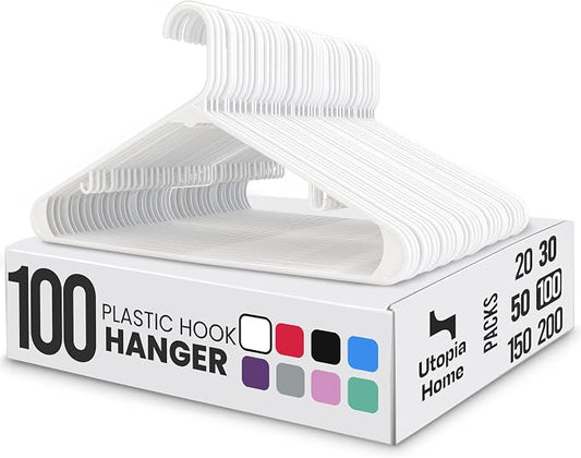 Utopia Home Plastic Hangers 100 Pack – Built-in Strap Hooks White | Space saving | Durable & strong | Closet organizer | Clothes hangers | Ideal for shirts, pants, skirts & coats