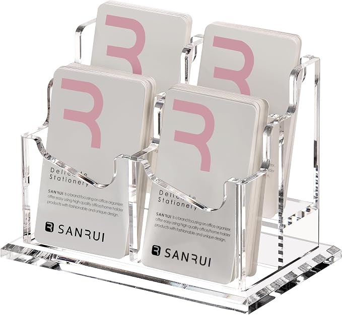 SANRUI Vertical Business Card Holder for Desk，Clear Acrylic Business Card Display Stand，4 Slots 2 Tier ，Holds 200 Cards